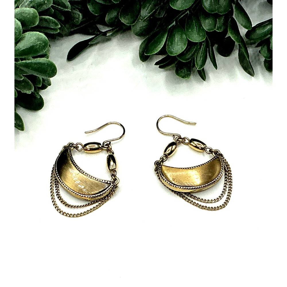 Vintage Brushed Gold-Tone Dangle Earrings With Crescent and Chain Details